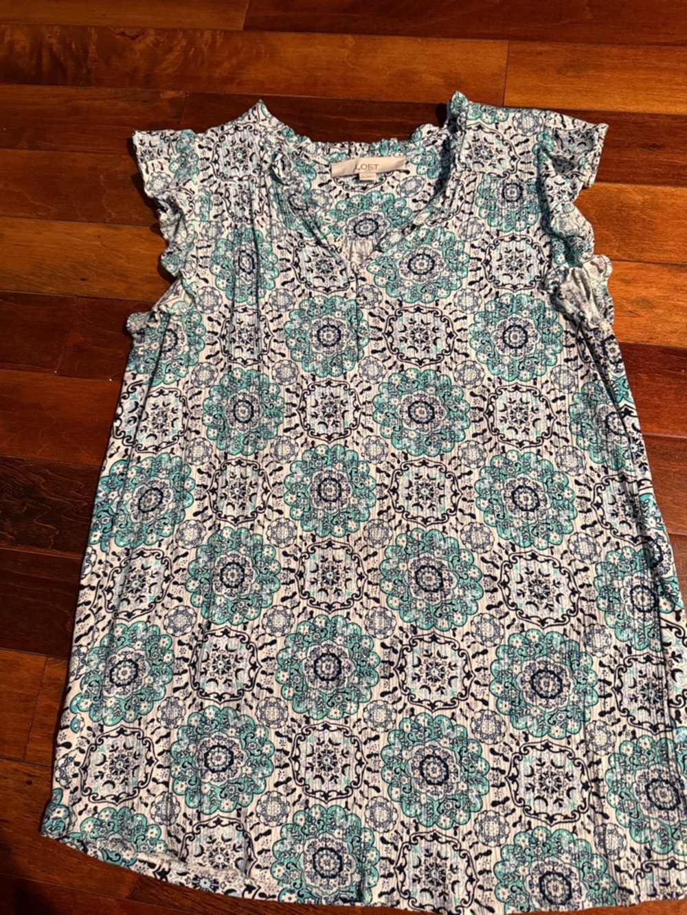 Loft Teal and Navy Medallion Flutter Sleeve Blouse